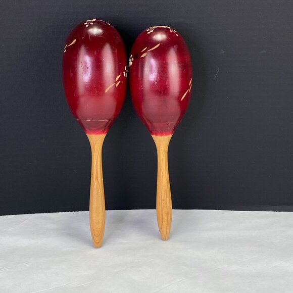 Vintage Red Wood Maracas With Floral Design - Picture 3 of 12